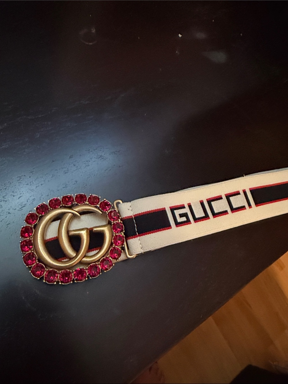 Gucci Cream Ribbon Logo Belt with Red Crystal GG Buckle